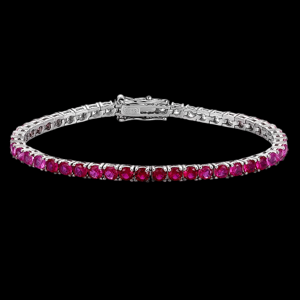 Silver bracelet with pink gemstones on a black background