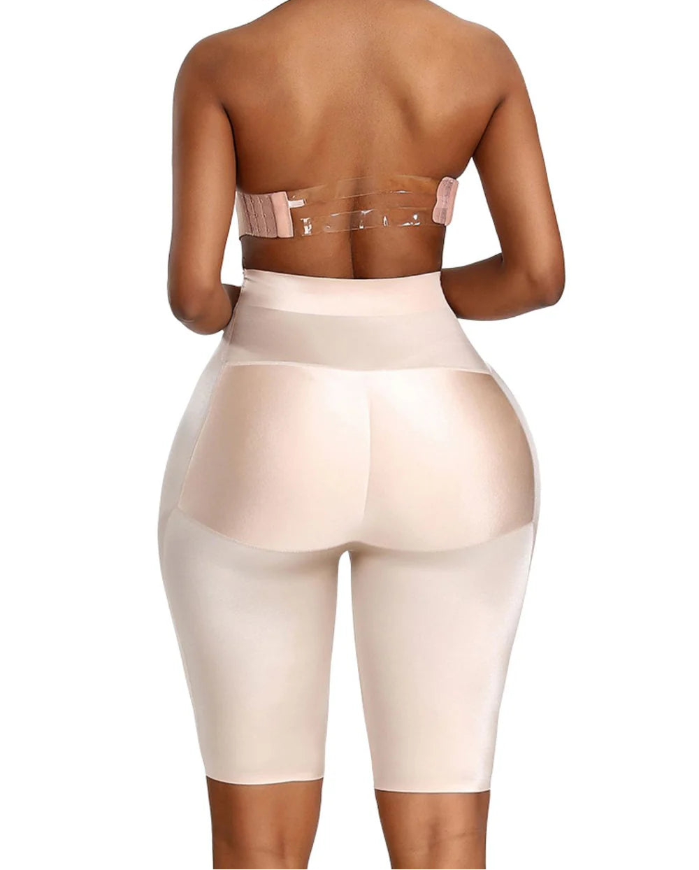 Beige shapewear worn by a model on a white background