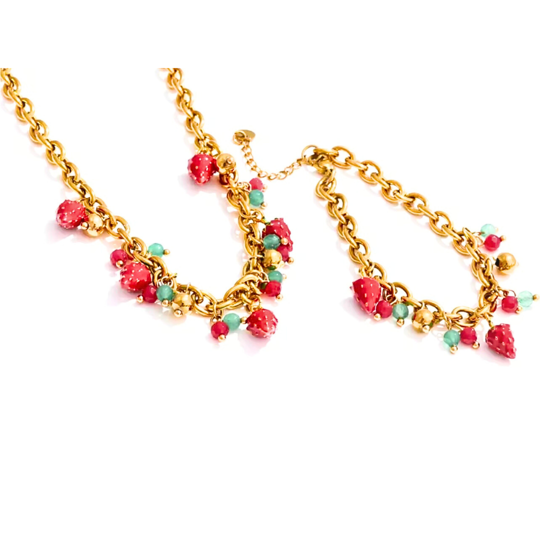 Red Enamel Stone Strawberry Drop Charms Necklace