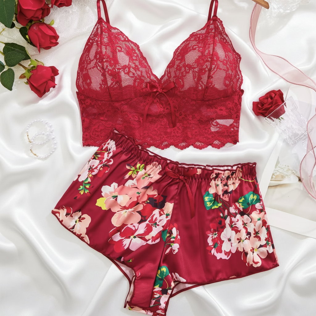 Red lace lingerie set with floral shorts on a white background with roses.