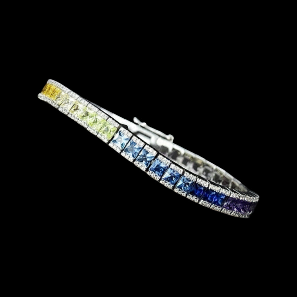 Bracelet with multicolored gemstones on a wooden surface