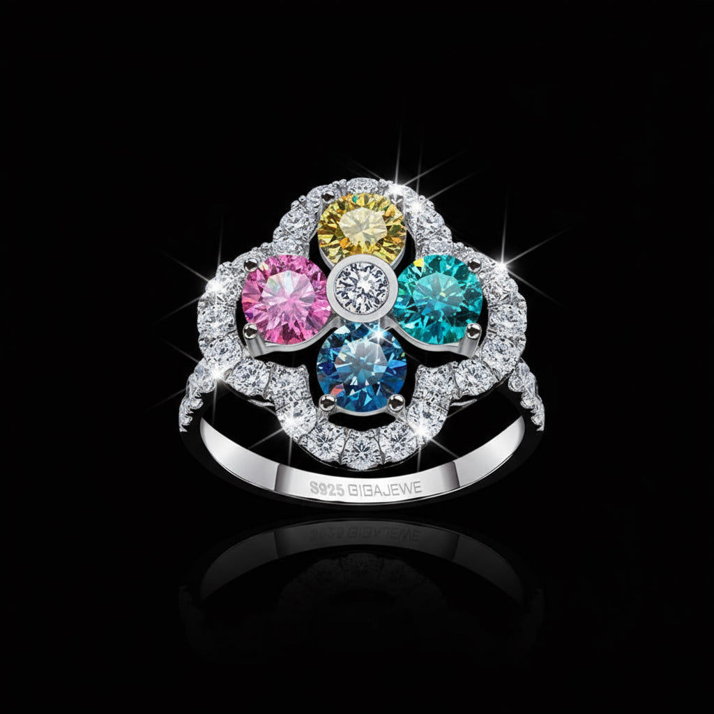 Four-Color 18K Round Cut Moissanite Ring