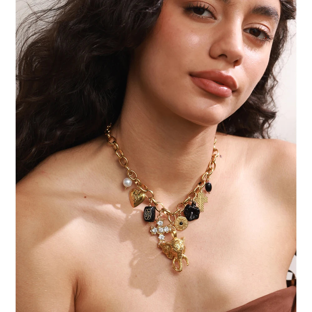 Flower Cross Elephant Head Drop Charm Necklace
