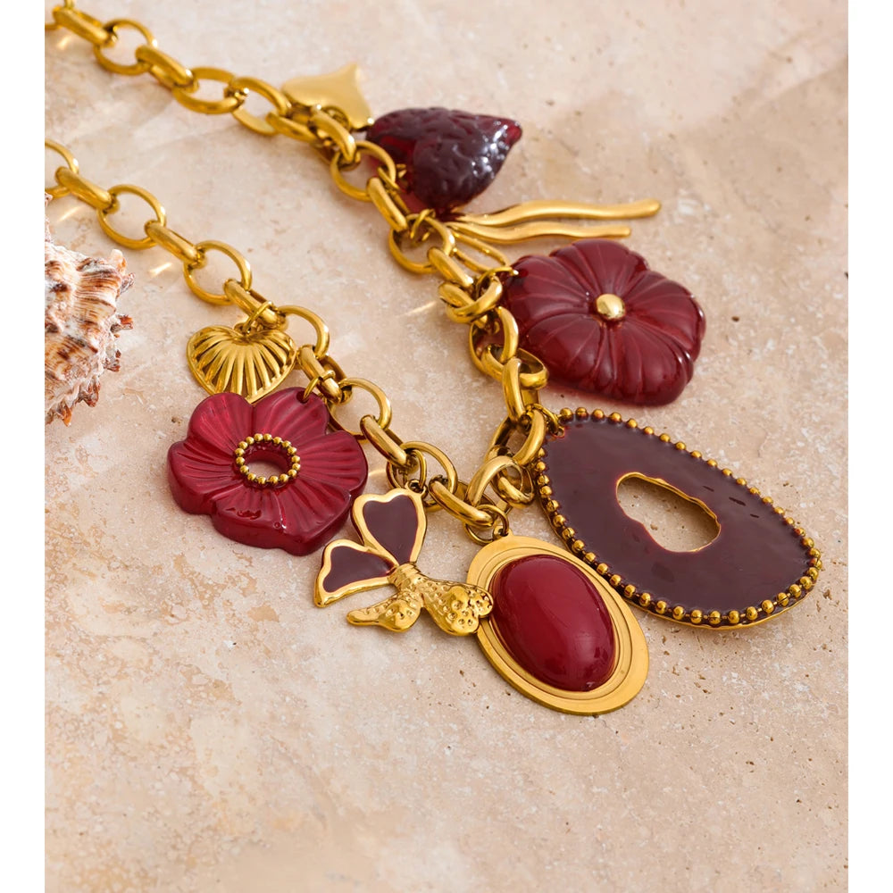 Red Resin Flower Charm Pendant Necklace 18K Golden PVD Plated