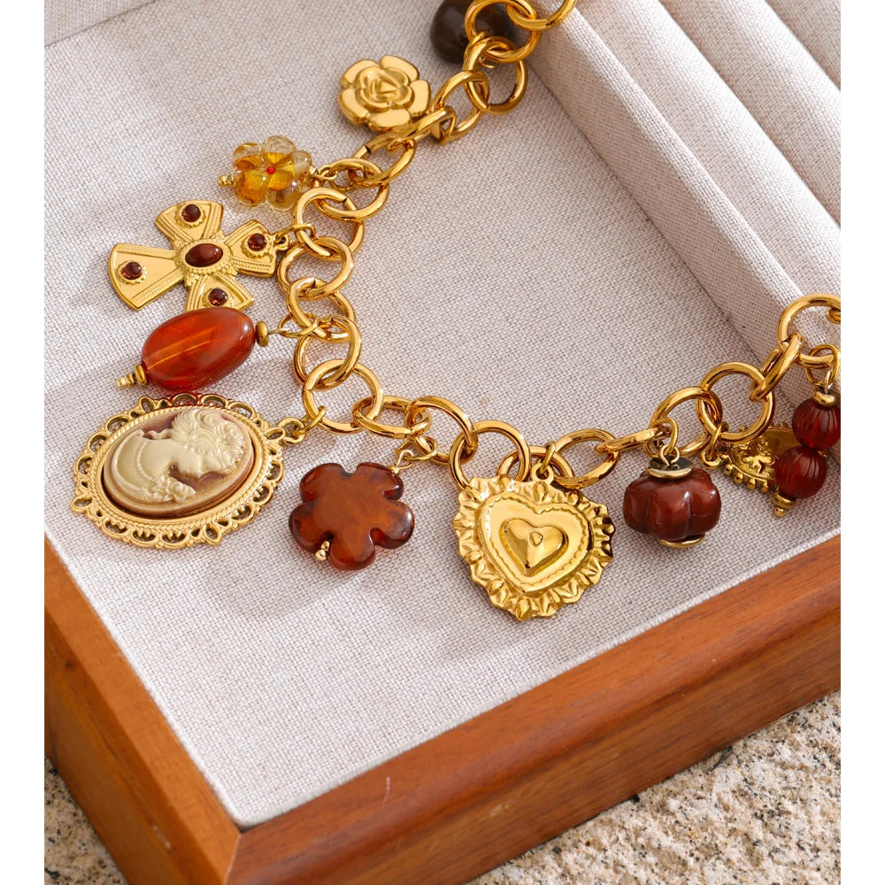 Flower Heart Portrait Drop Statement Necklace