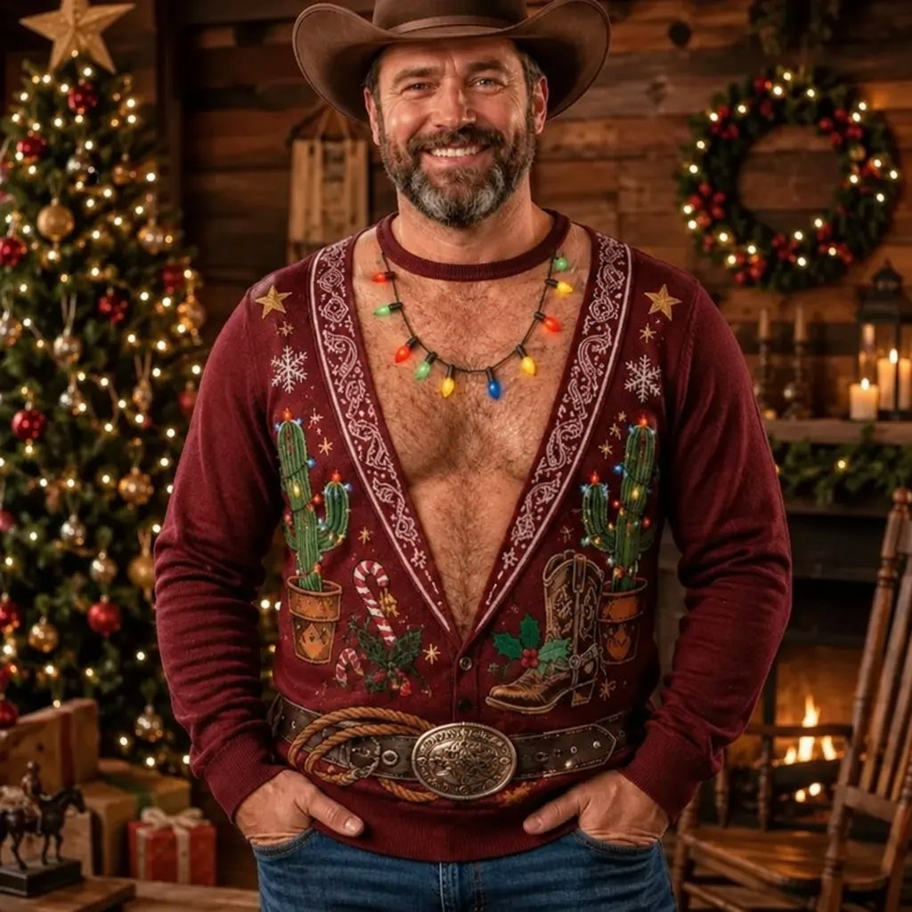 A smiling man wearing a rustic brown cowboy hat and a maroon Christmas sweater vest with embroidered cacti, boots, candy canes, and colorful string lights, posed in front of a decorated Christmas tree and fireplace. A circular 'Dana's Gift Designs' logo is visible in the top left corner.