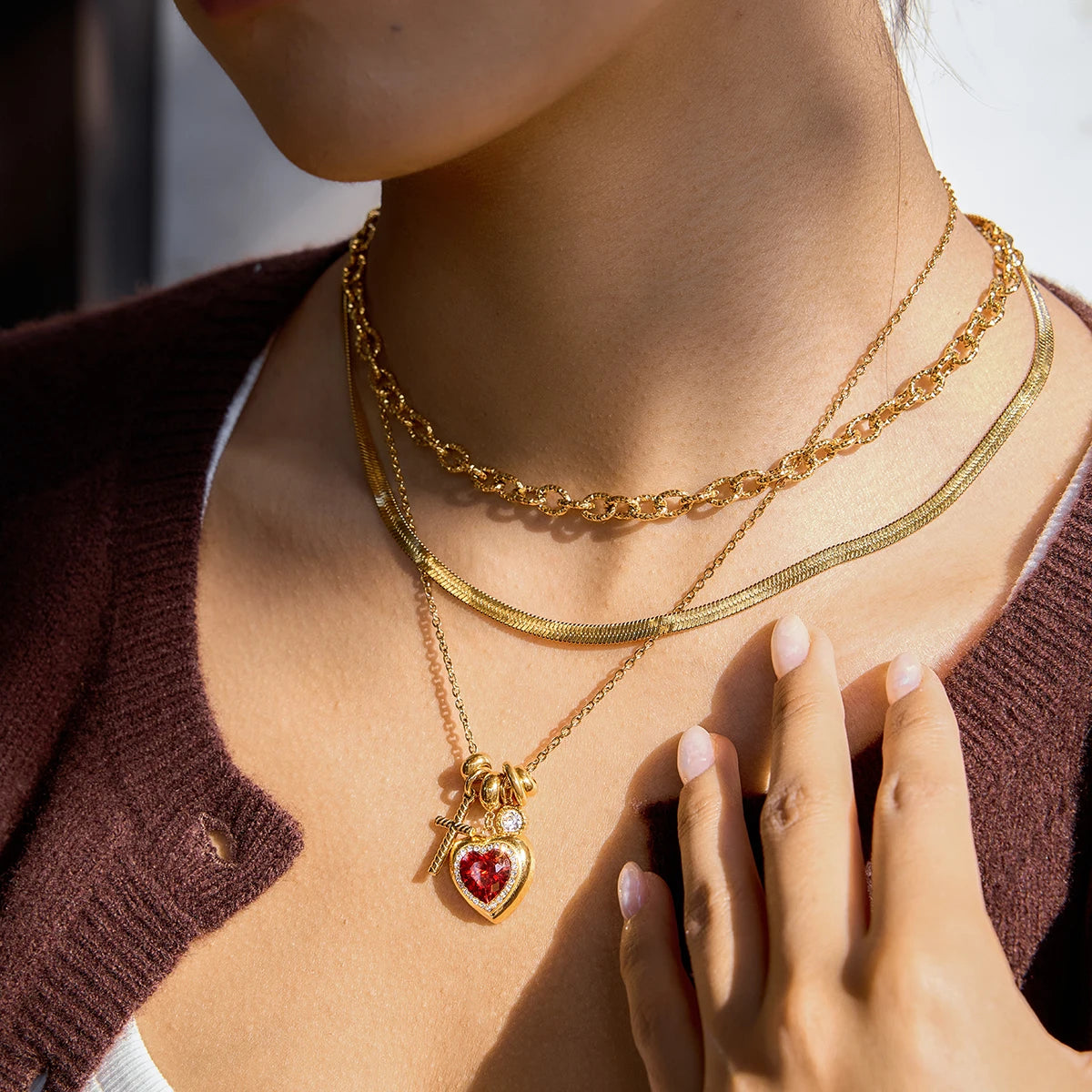 18K Red Zircon Heart Pendant Necklace
