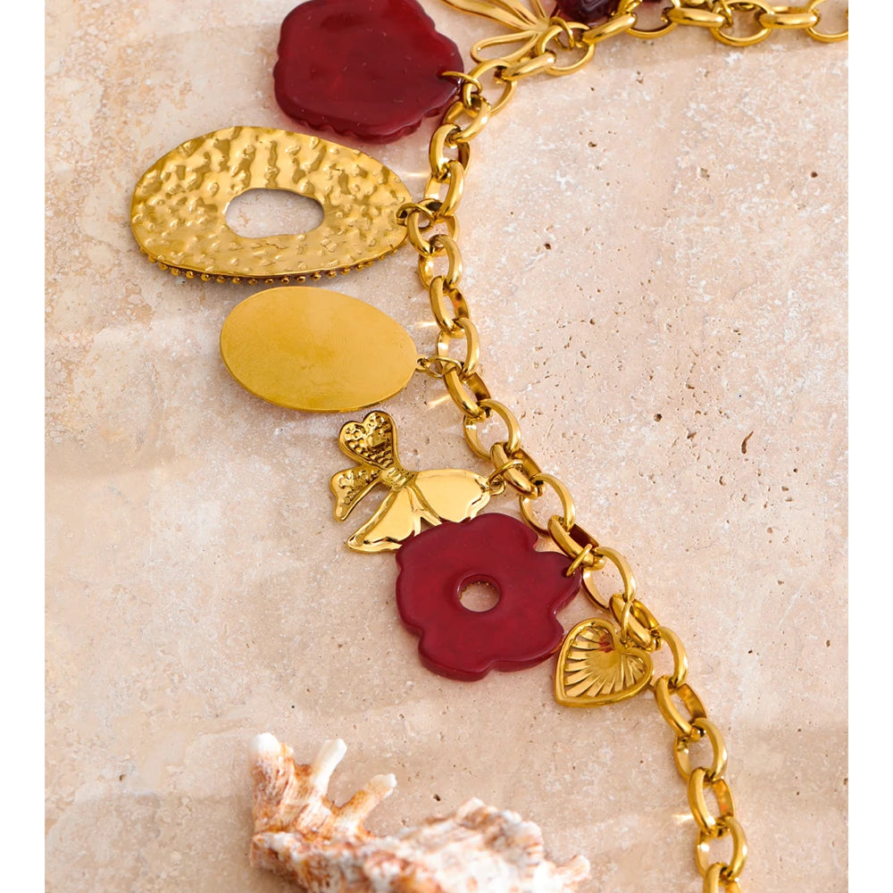 Red Resin Flower Charm Pendant Necklace 18K Golden PVD Plated