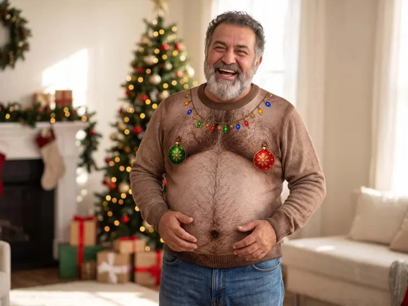 A smiling older man stands in a living room wearing a novelty Christmas sweater with a printed hairy chest and ornaments, with a decorated Christmas tree and fireplace in the background.