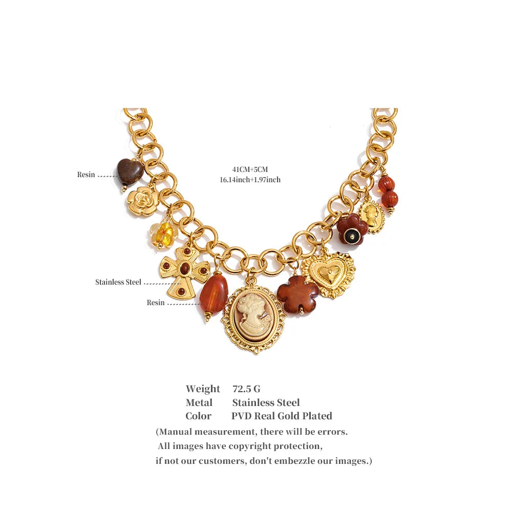 Flower Heart Portrait Drop Statement Necklace