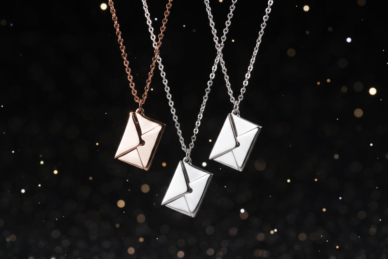 Two silver envelope-shaped pendants on chains against a black glittery background