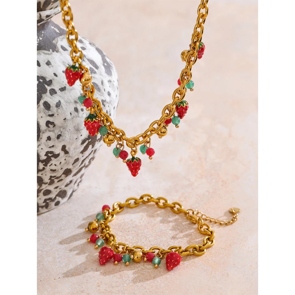 Red Enamel Stone Strawberry Drop Charms Necklace