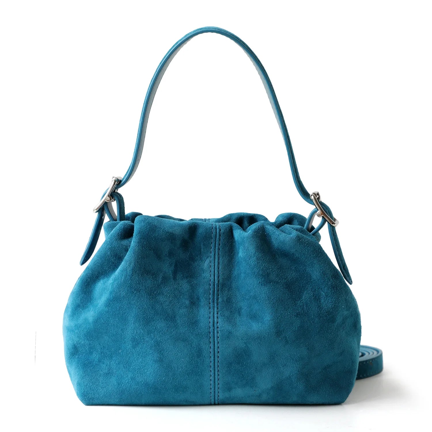 Blue suede handbag with a strap on a white background