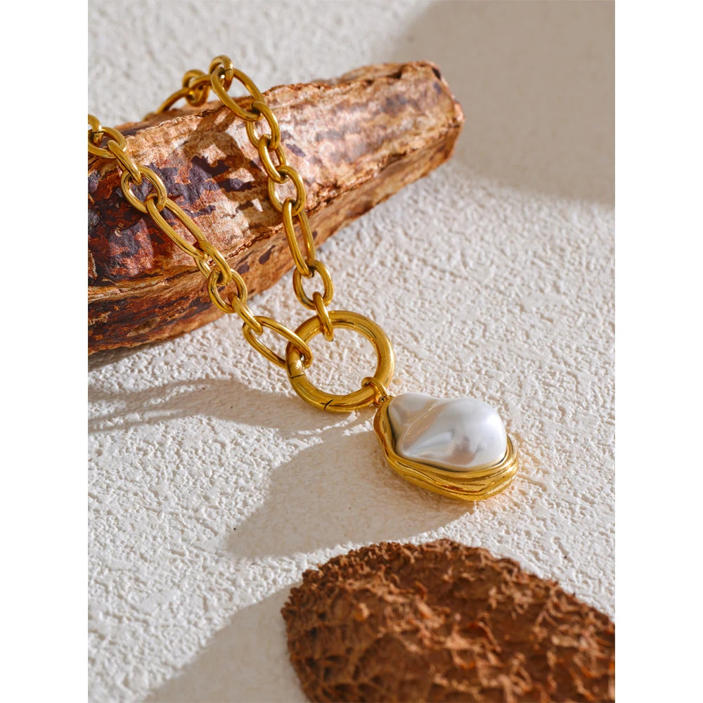 Baroque Simulated Pearls Golden Pendant Necklace 18K PVD Plated
