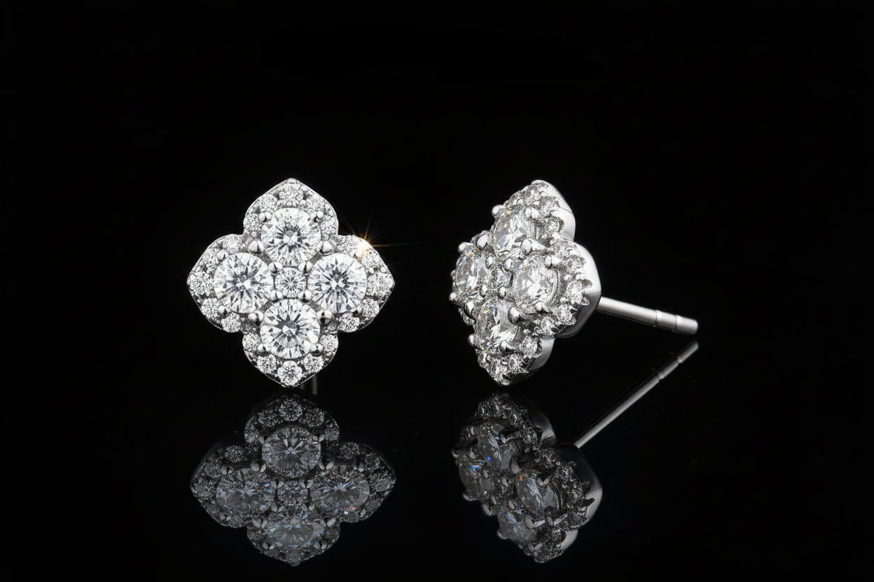 Diamond earrings with branding on a white background