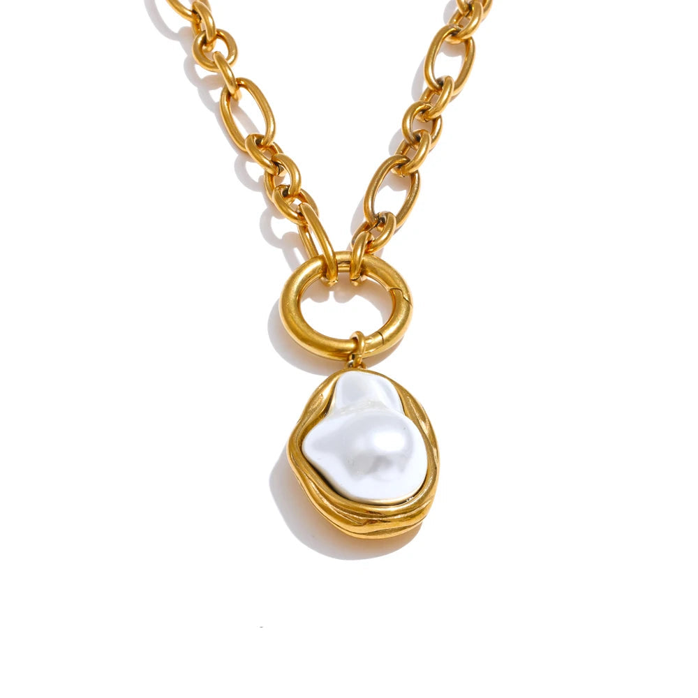 Baroque Simulated Pearls Golden Pendant Necklace 18K PVD Plated