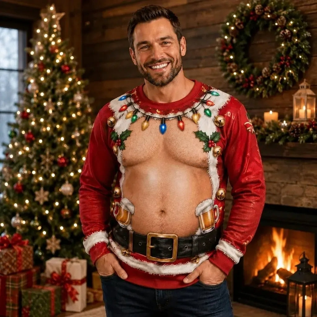 A man wearing a novelty Christmas sweater with a graphic print that reveals a muscular torso, styled with a Santa hat and jeans in a cozy holiday living room setting. The brand logo 'ALVORAA' is visible in the top left corner.