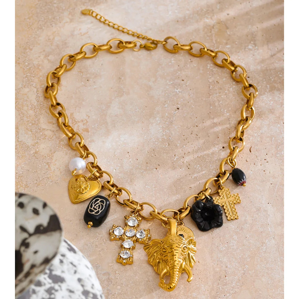 Flower Cross Elephant Head Drop Charm Necklace