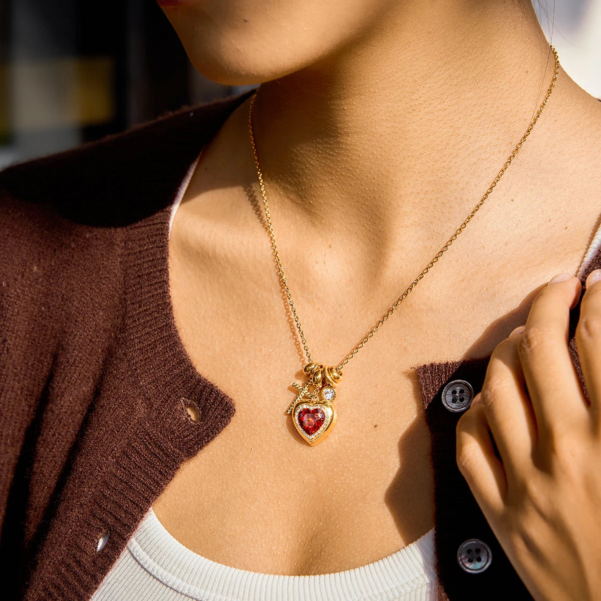 18K Red Zircon Heart Pendant Necklace