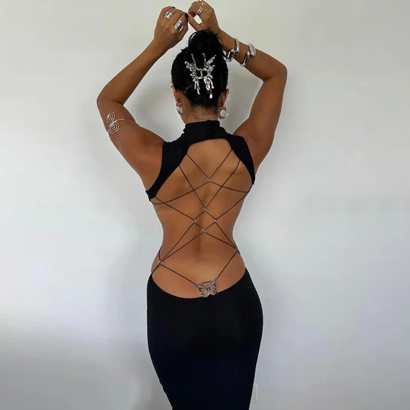 Cryptographic Backless Butterfly Bandage Dress