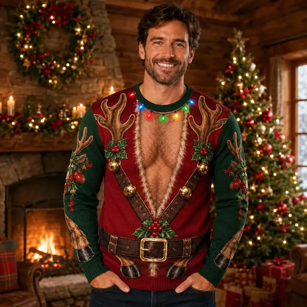 A man wearing a festive Christmas sweater in a cozy log cabin living room with a fireplace and decorated Christmas tree in the background. The sweater is dark green with a red chest panel, faux fur trim, antler details, brown faux-leather straps, and a lighted multicolor string necklace.