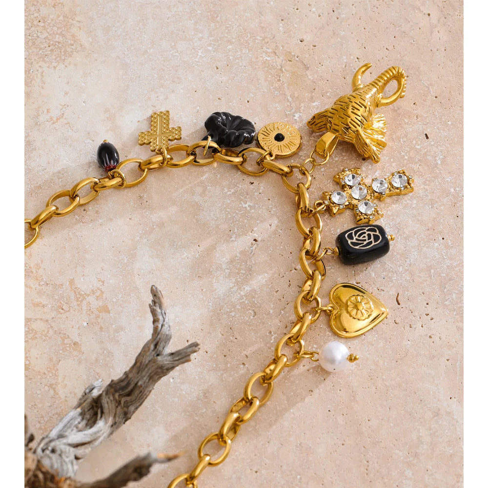 Flower Cross Elephant Head Drop Charm Necklace