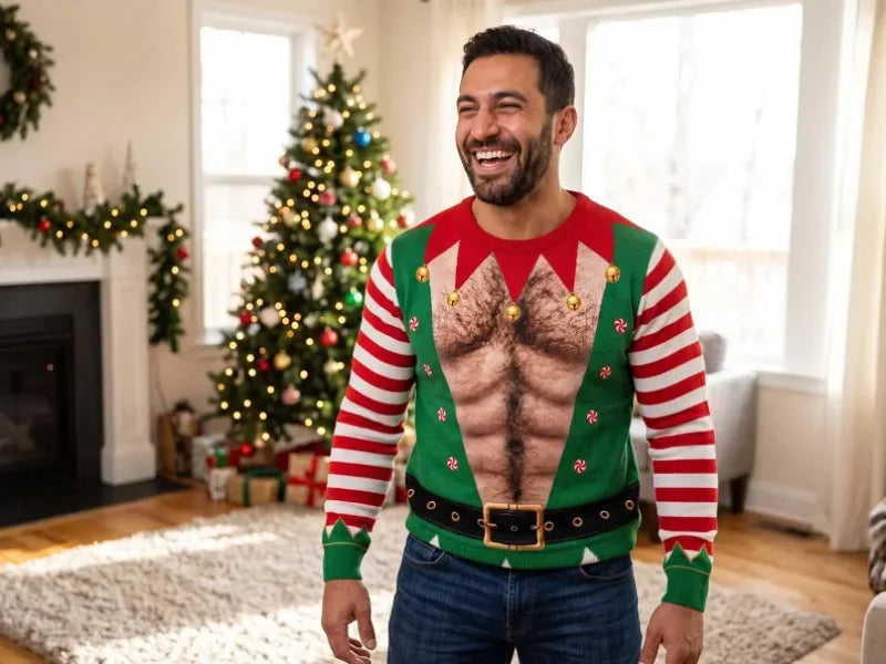 A man wearing a novelty Christmas elf sweater with a realistic muscular chest print, red and white striped sleeves, and a green vest design, standing in a living room with a decorated Christmas tree in the background.