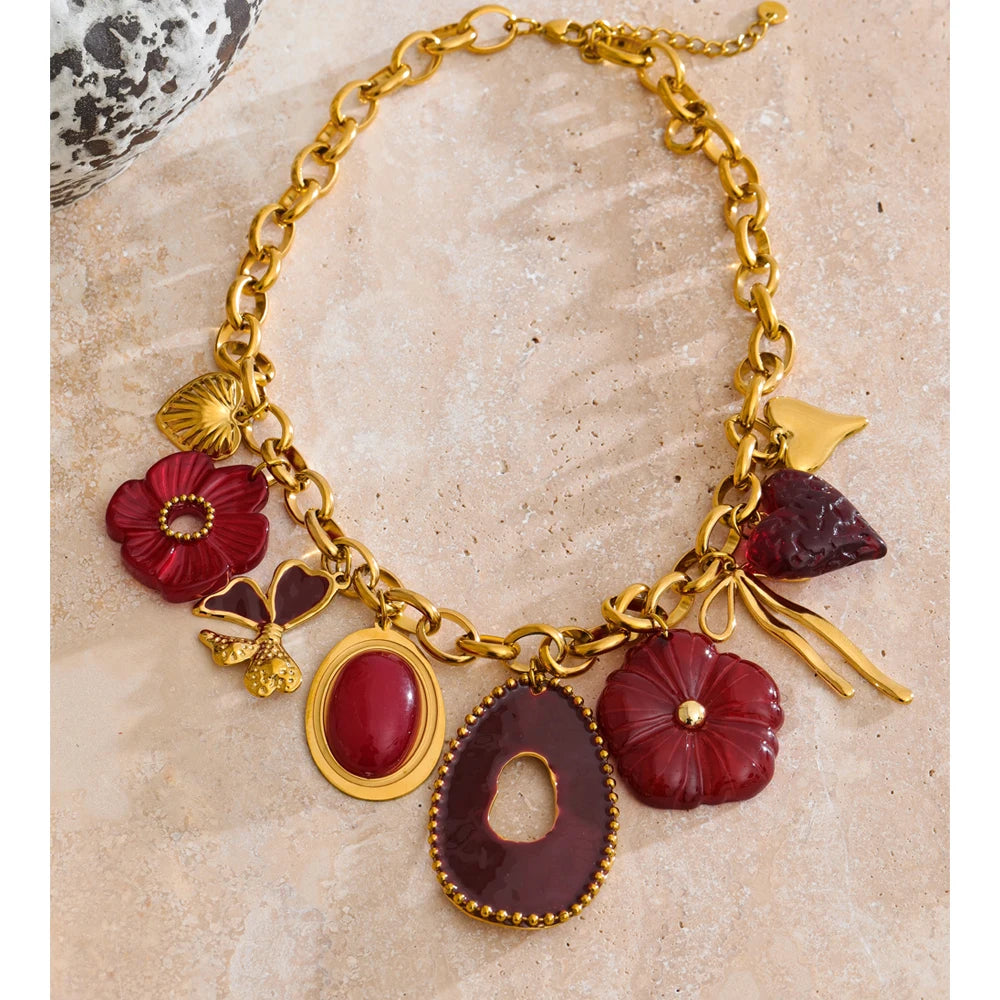 Red Resin Flower Charm Pendant Necklace 18K Golden PVD Plated