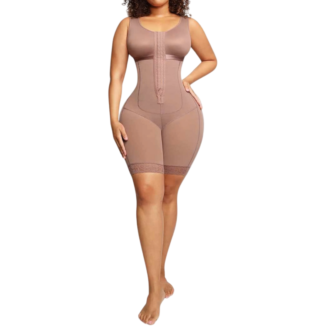Woman wearing a latte shapewear bodysuit on a white background