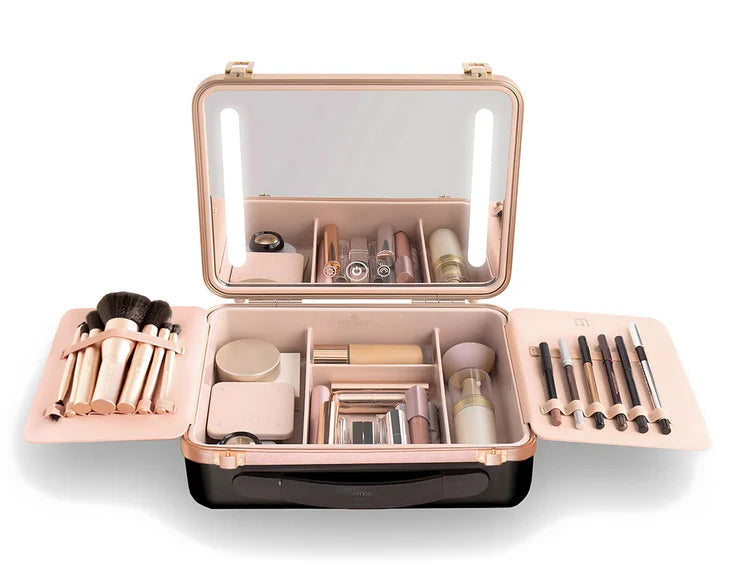 Open makeup case with various cosmetic items on a white background