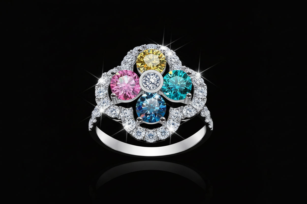 Four-Color 18K Round Cut Moissanite Ring
