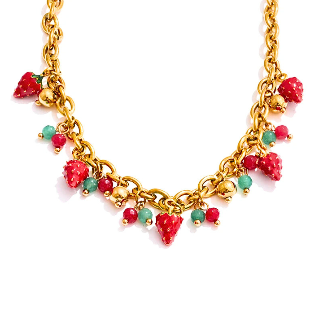 Red Enamel Stone Strawberry Drop Charms Necklace