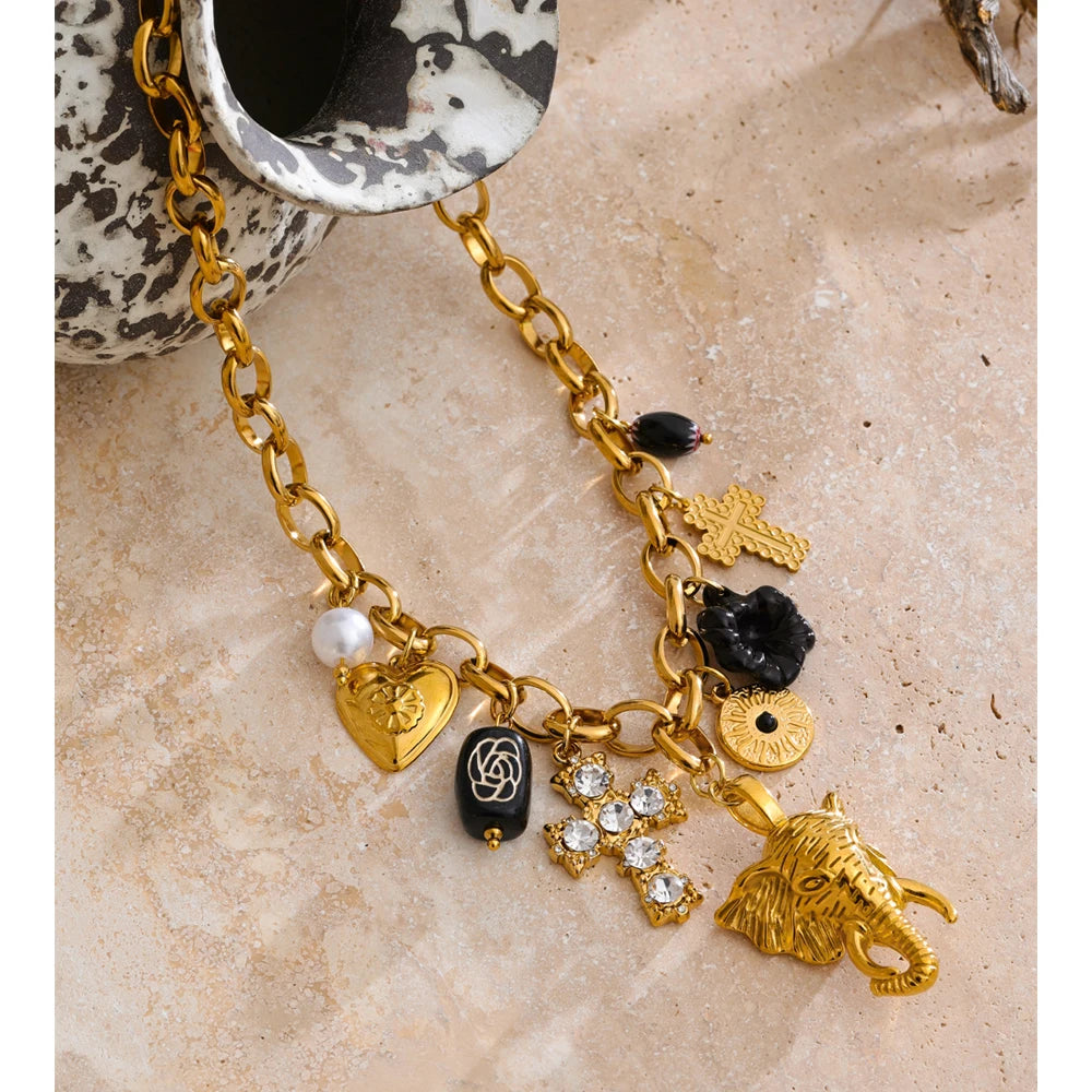 Flower Cross Elephant Head Drop Charm Necklace