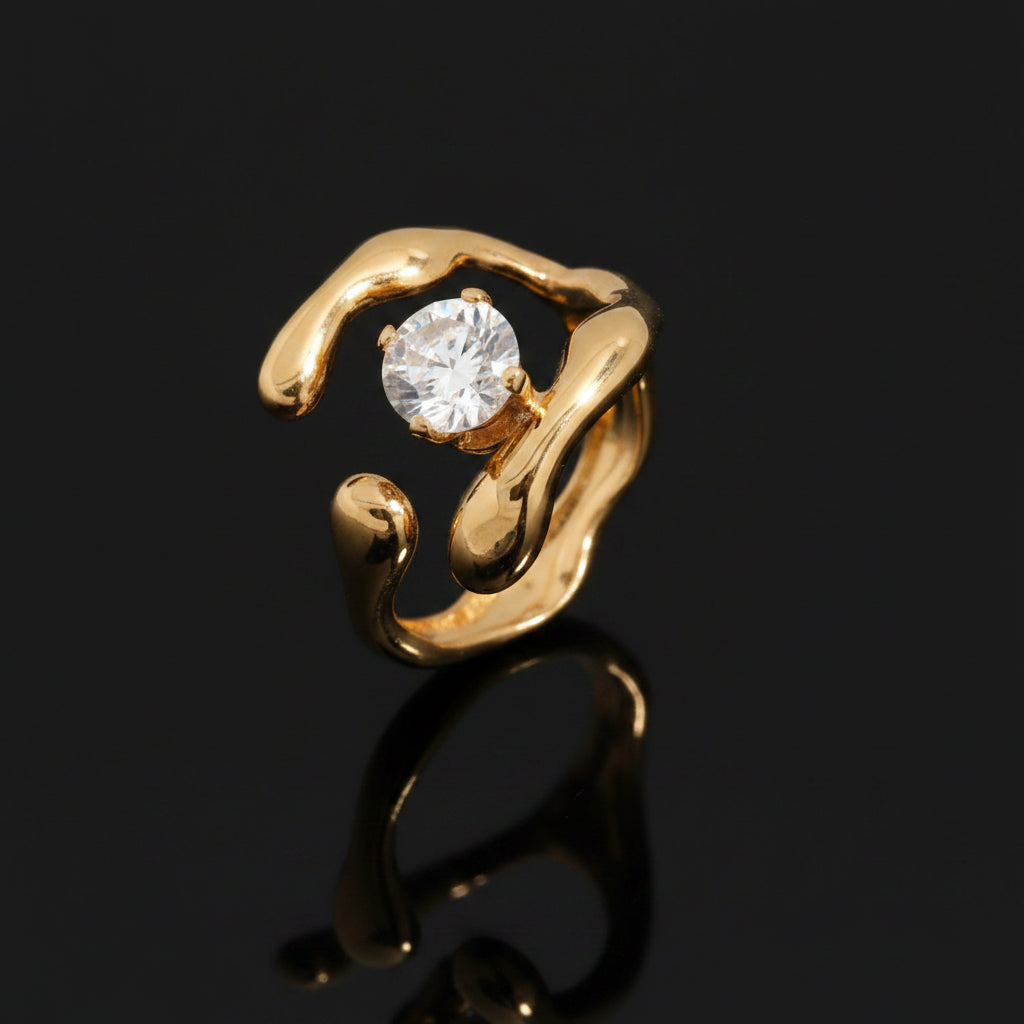 Gold ring with a clear gemstone on a white background