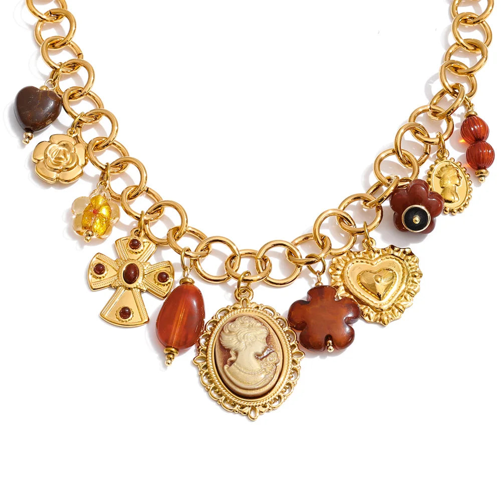 Flower Heart Portrait Drop Statement Necklace