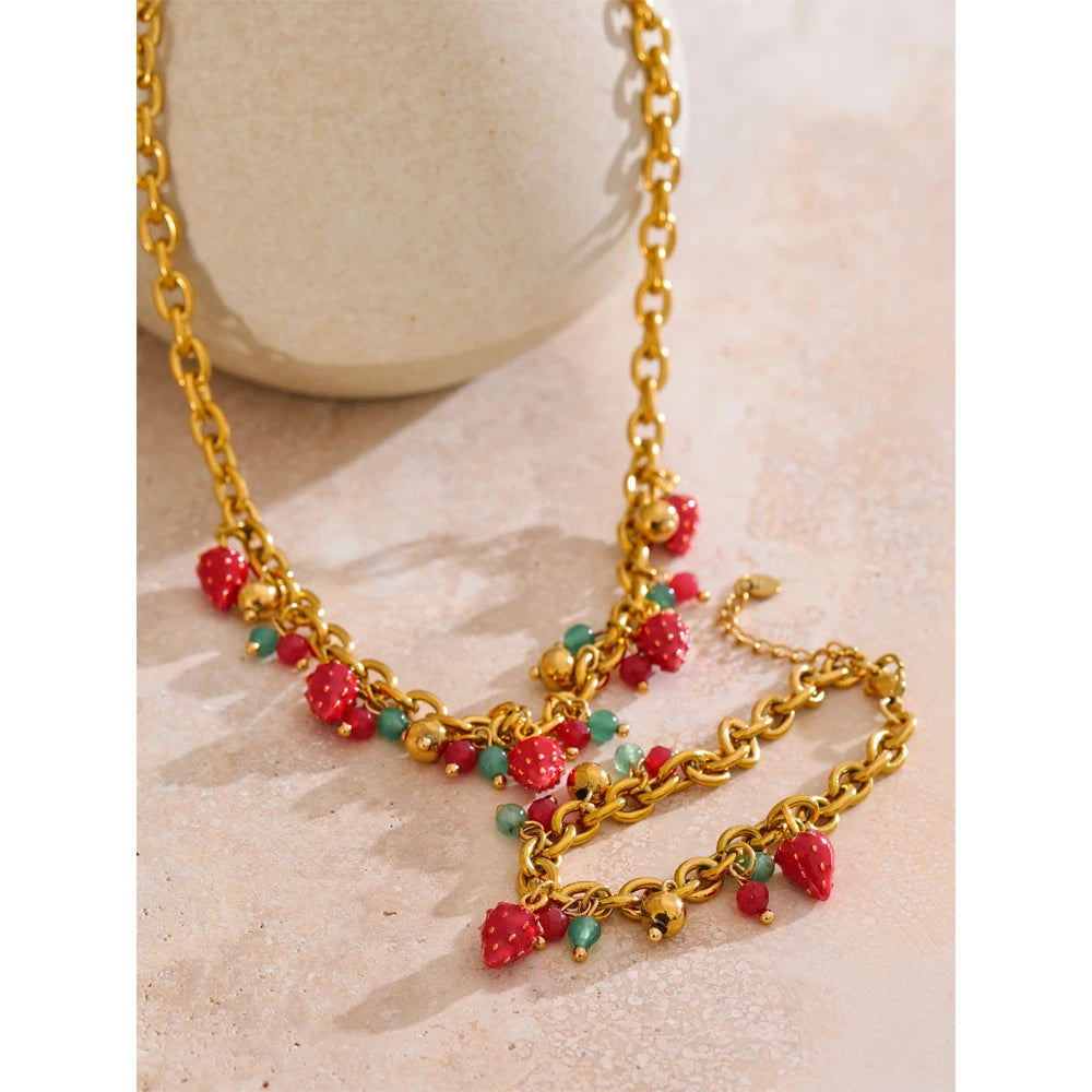 Red Enamel Stone Strawberry Drop Charms Necklace