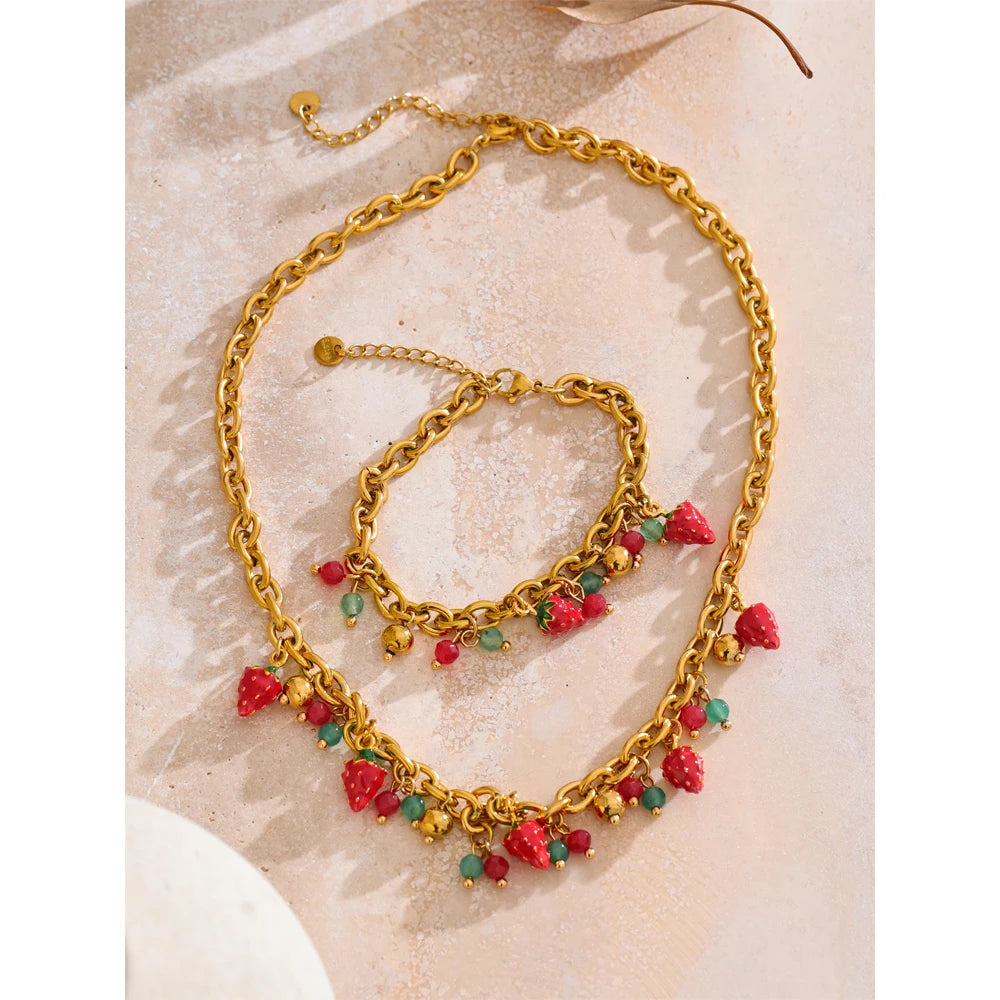 Red Enamel Stone Strawberry Drop Charms Necklace