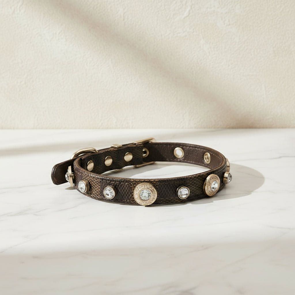 Dog collar with gold studs on a white background, featuring the brand.
