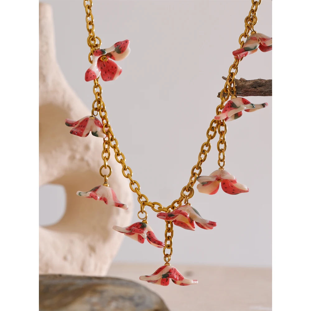 Cherry Flower Drop Dangle Pendant Necklace
