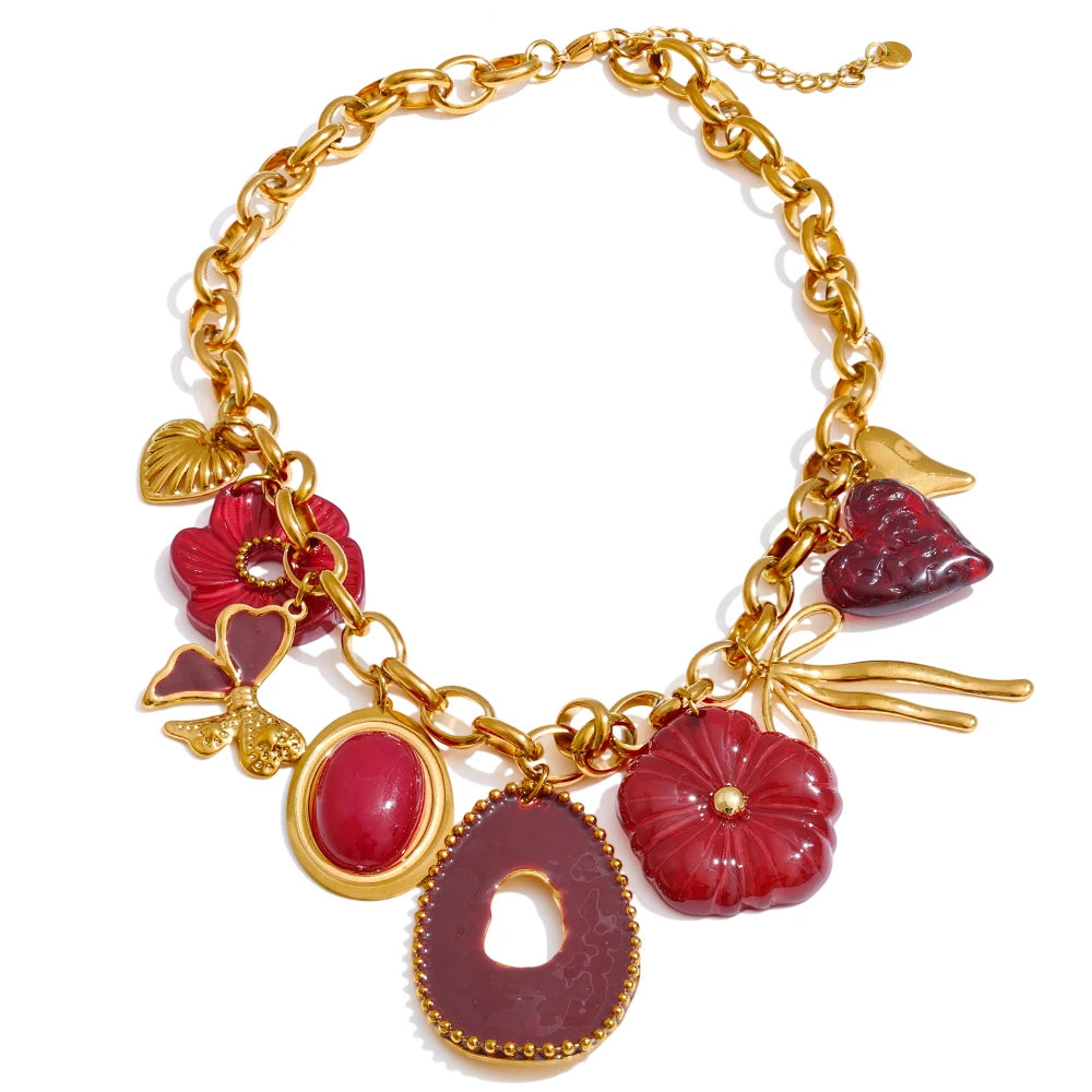 Red Resin Flower Charm Pendant Necklace 18K Golden PVD Plated