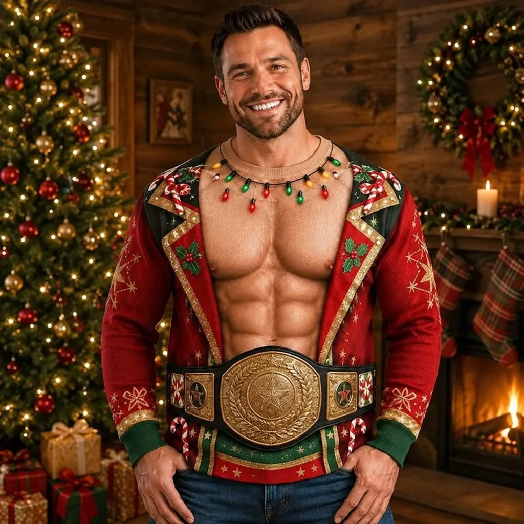 A smiling man stands in a holiday-themed room wearing a Christmas-themed open-front sweater vest with a large gold championship belt across the waist, blue jeans, and a beaded necklace. A Christmas tree, fireplace, wreath, and stockings are visible in the background.