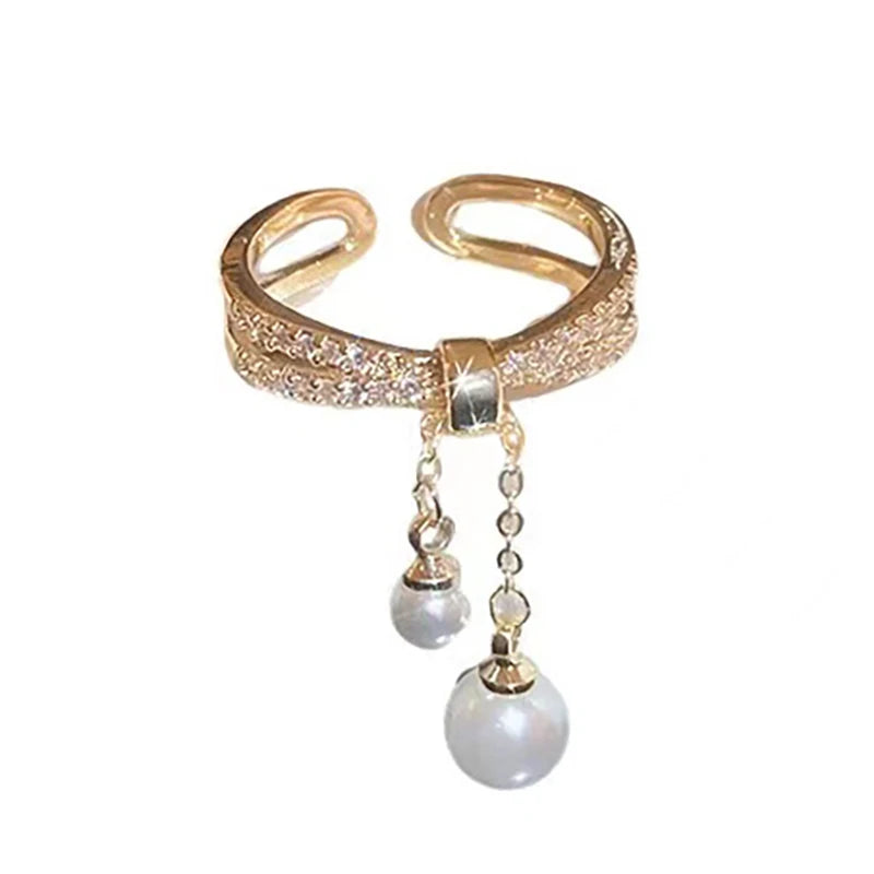 Pearl Tassel Gold Color Open Ring
