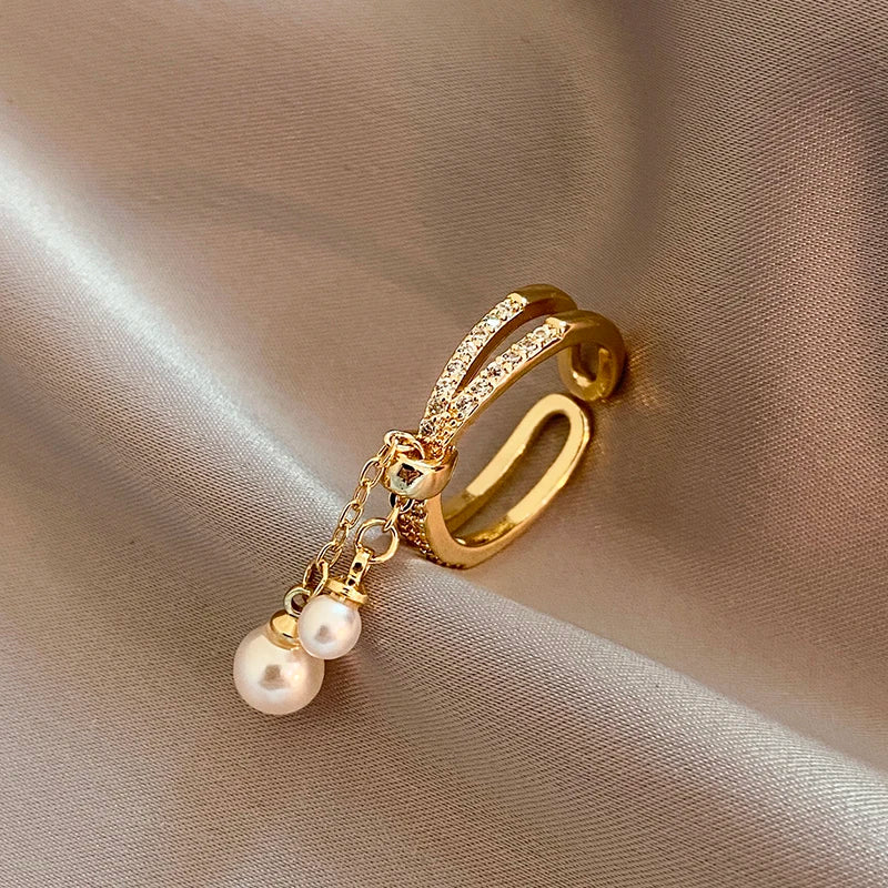 Pearl Tassel Gold Color Open Ring