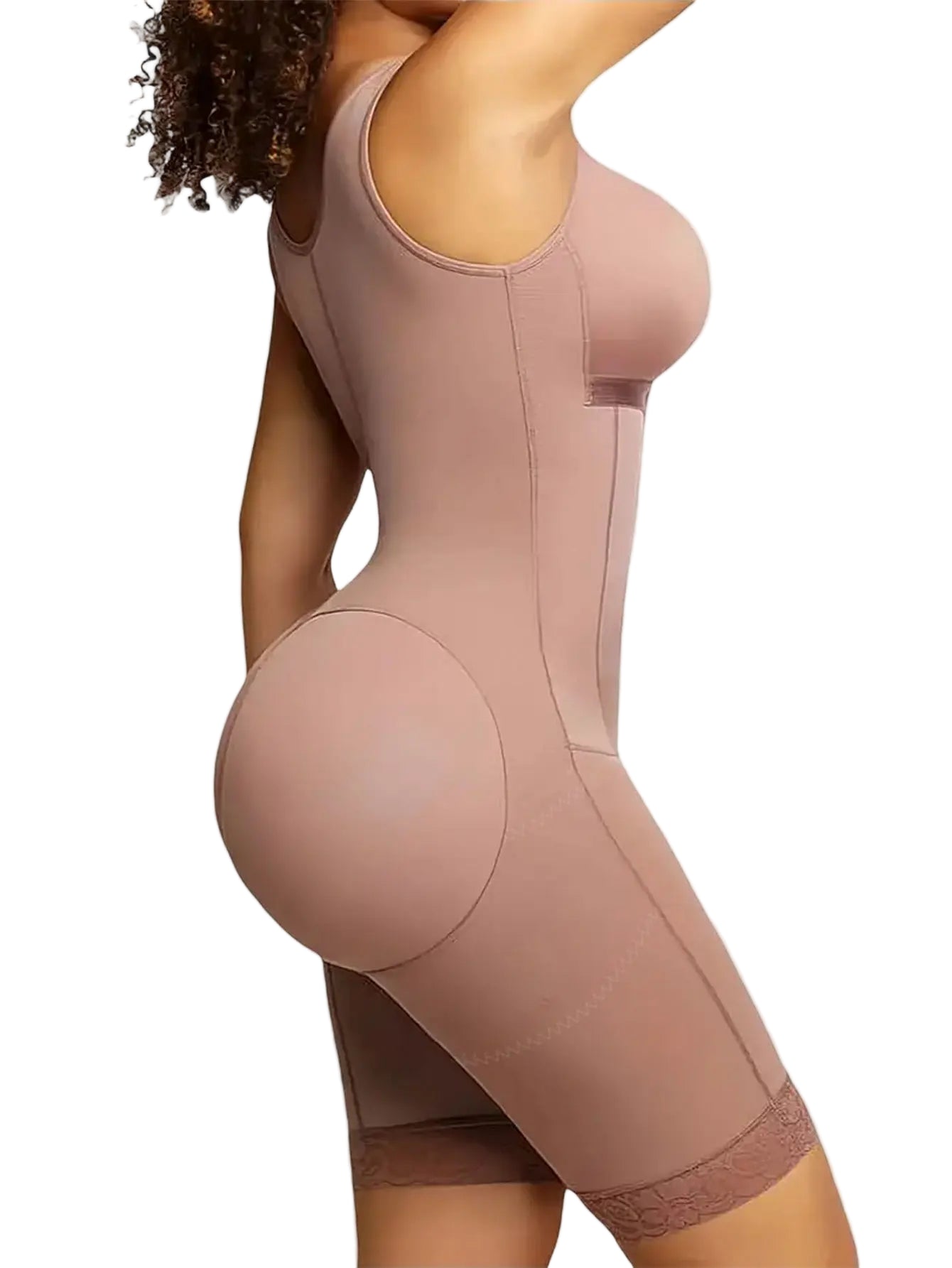 Person wearing a beige shapewear garment on a white background