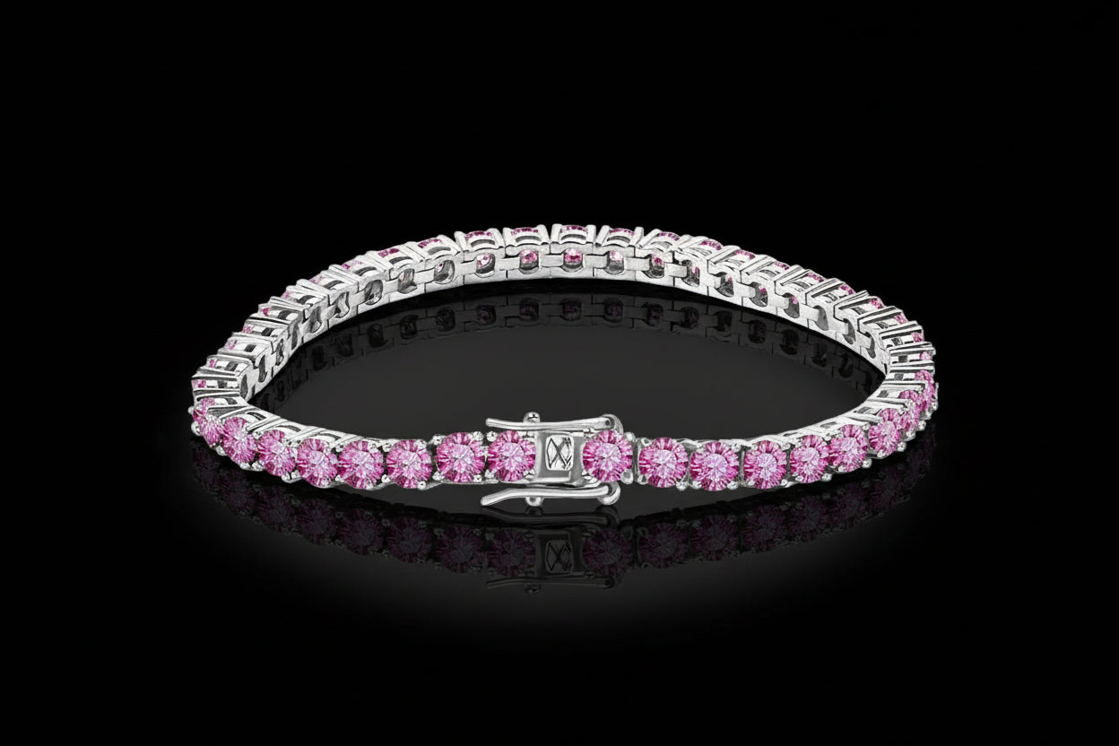 Pink gemstone bracelet on a black background with 'hite gold' branding.