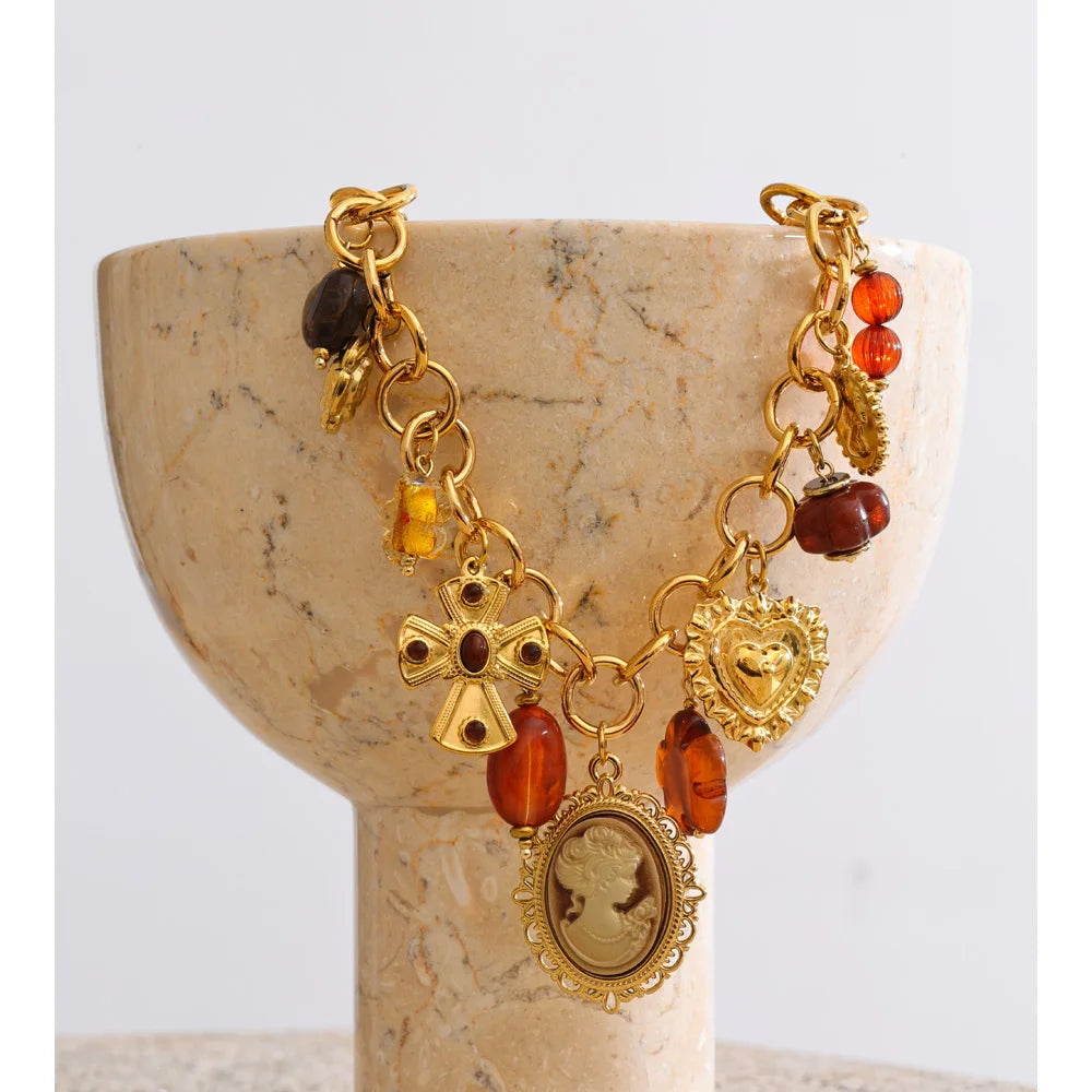 Flower Heart Portrait Drop Statement Necklace
