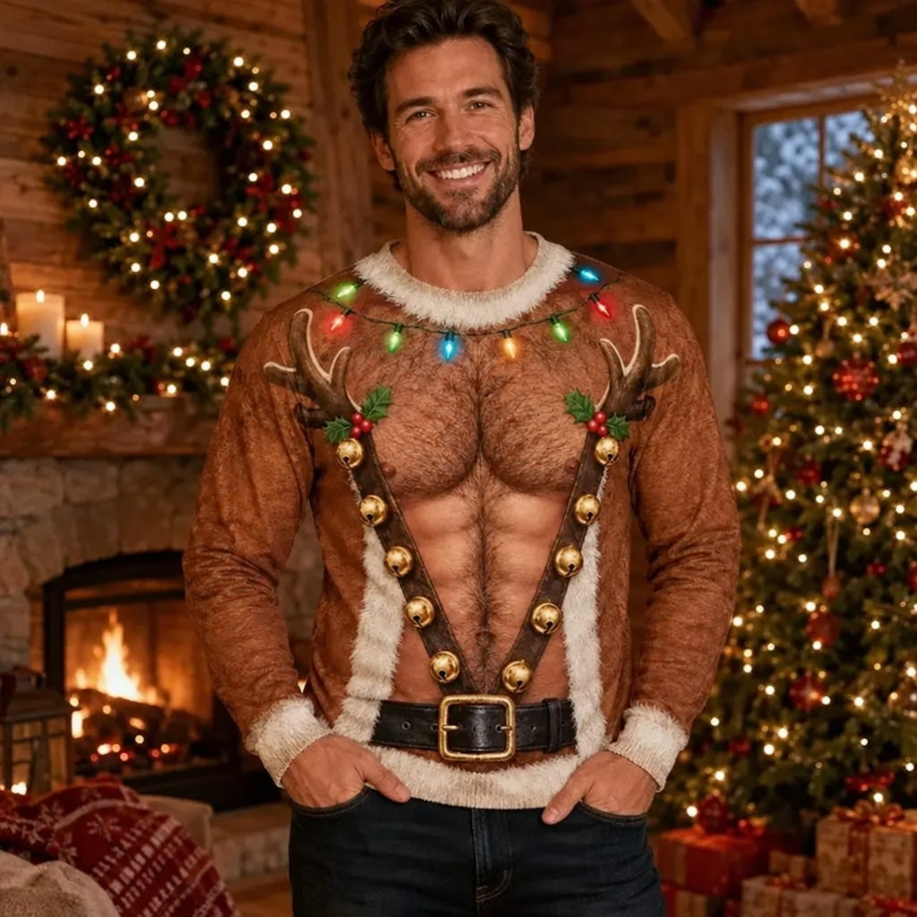 A man wearing a brown faux-suede Christmas sweater vest with white faux-fur trim, reindeer antlers, gold bells, and multicolor holiday lights, posed in a cozy, decorated Christmas cabin setting. The brand logo 'ALVORAA' is visible in the top left corner.