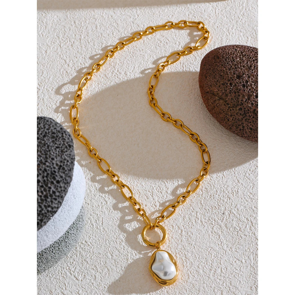 Baroque Simulated Pearls Golden Pendant Necklace 18K PVD Plated
