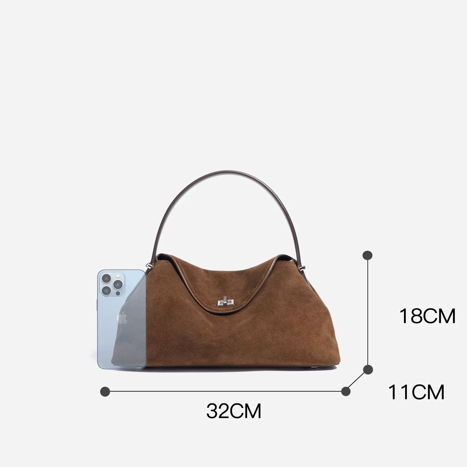 Brown handbag with dimensions labeled on a white background
