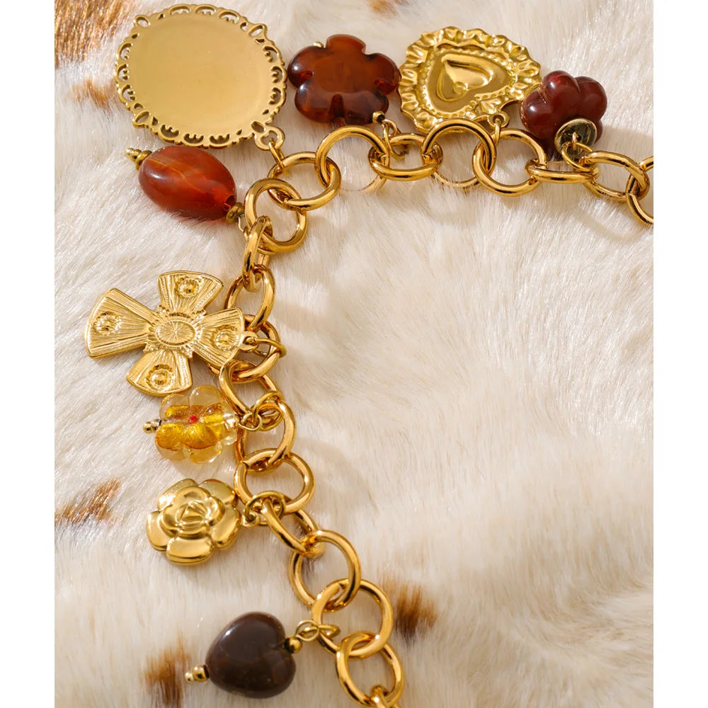 Flower Heart Portrait Drop Statement Necklace